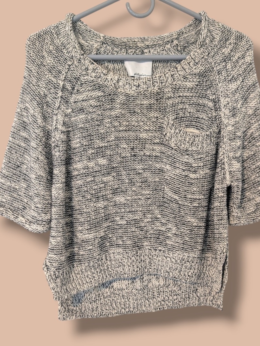 3.1 Phillip Lim Black Cream Marled Cotton Short Sleeve Slouchy Sweater Top